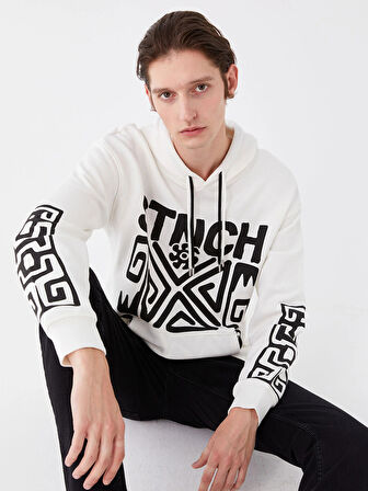 XSIDE Ekru Uzun Kollu Baskılı Erkek Kalın Hoodie