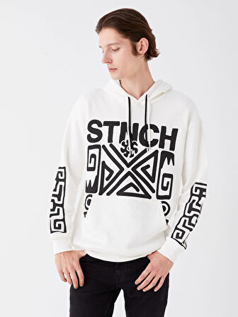 XSIDE Ekru Uzun Kollu Baskılı Erkek Kalın Hoodie