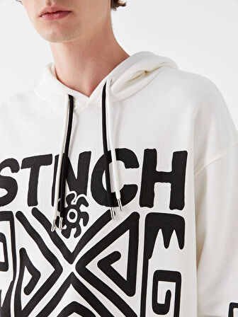 XSIDE Ekru Uzun Kollu Baskılı Erkek Kalın Hoodie