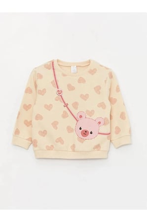 LCW baby Ekru Bisiklet Yaka Uzun Kollu Baskılı Kız Bebek Sweatshirt ve Tayt 2'li Takım