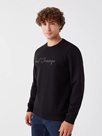 XSIDE Siyah Bisiklet Yaka Baskılı Erkek Kalın Sweatshirt