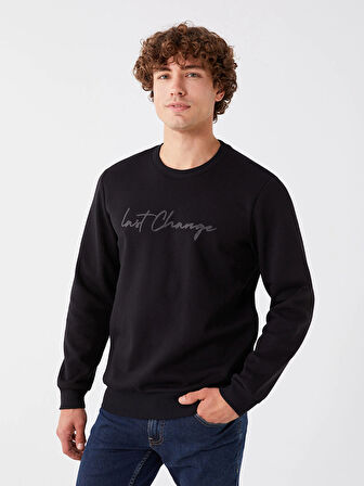 XSIDE Siyah Bisiklet Yaka Baskılı Erkek Kalın Sweatshirt