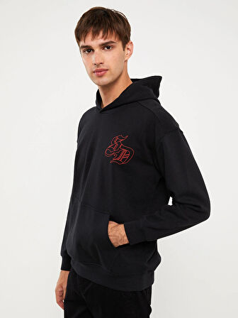 XSIDE Siyah Uzun Kollu Baskılı Erkek Kalın Hoodie