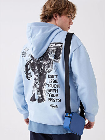 XSIDE Mavi Uzun Kollu Baskılı Erkek Kalın Hoodie