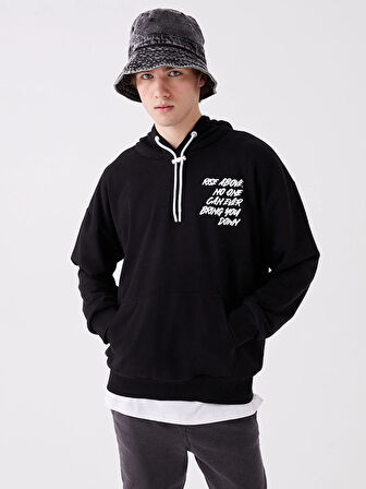LCW Casual SİYAH Uzun Kollu Baskılı Erkek Hoodie