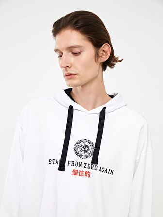 XSIDE Beyaz Uzun Kollu Baskılı Erkek Hoodie