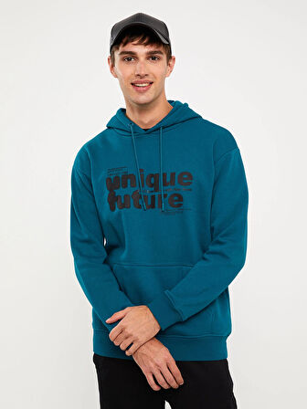 LCW Casual PETROL Uzun Kollu Baskılı Erkek Kalın Hoodie