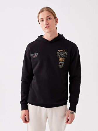 XSIDE Siyah Uzun Kollu Baskılı Erkek Kalın Hoodie