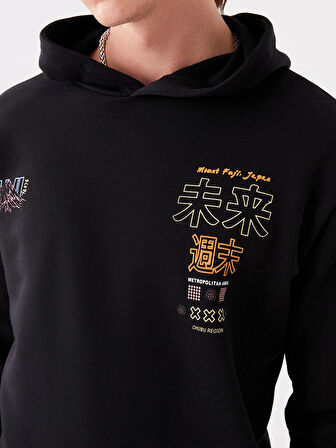 XSIDE Siyah Uzun Kollu Baskılı Erkek Kalın Hoodie