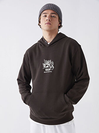 XSIDE Kahverengi Uzun Kollu Baskılı Erkek Kalın Hoodie