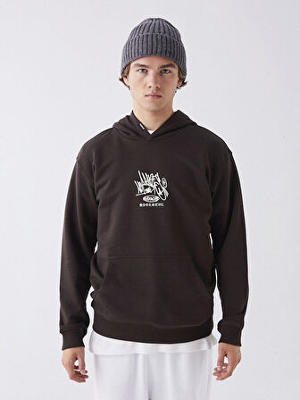 XSIDE Kahverengi Uzun Kollu Baskılı Erkek Kalın Hoodie