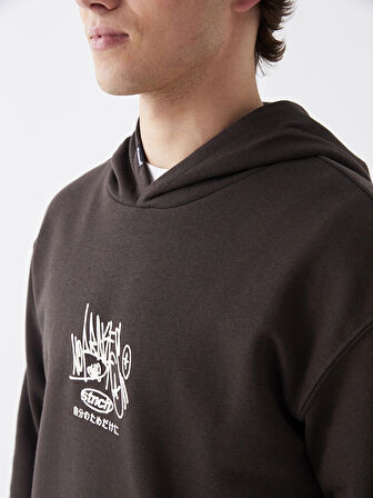 XSIDE Kahverengi Uzun Kollu Baskılı Erkek Kalın Hoodie