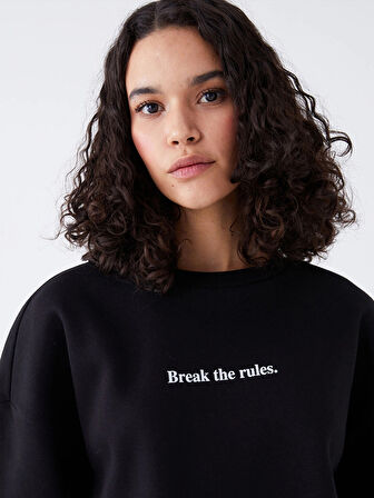 LCW Vision Siyah Bisiklet Yaka Baskılı Oversize Kadın Kalın Sweatshirt
