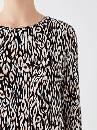 LCWAIKIKI Basic Bej Bisiklet Yaka Desenli Uzun Kollu Kadın Bluz