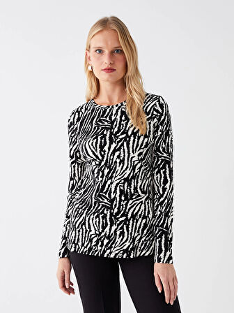 LCWAIKIKI Basic Siyah Bisiklet Yaka Desenli Uzun Kollu Kadın Bluz