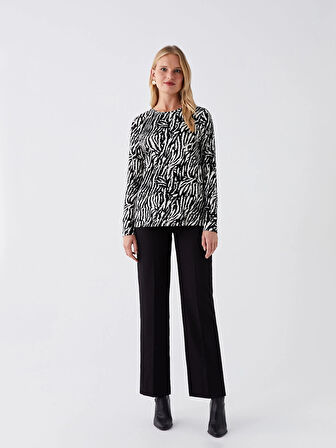 LCWAIKIKI Basic Siyah Bisiklet Yaka Desenli Uzun Kollu Kadın Bluz