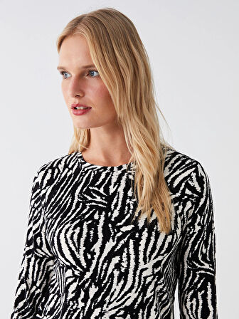 LCWAIKIKI Basic Siyah Bisiklet Yaka Desenli Uzun Kollu Kadın Bluz