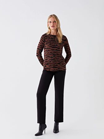 LCWAIKIKI Basic Kahverengi Bisiklet Yaka Desenli Uzun Kollu Kadın Bluz