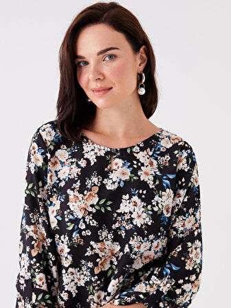 LCW Grace Siyah Bisiklet Yaka Çiçekli Uzun Kollu Kadın Bluz