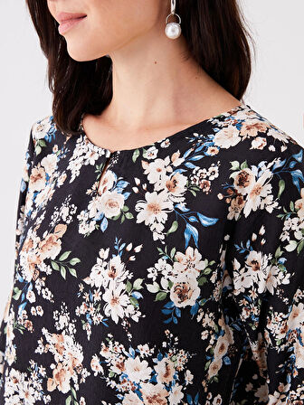 LCW Grace Siyah Bisiklet Yaka Çiçekli Uzun Kollu Kadın Bluz