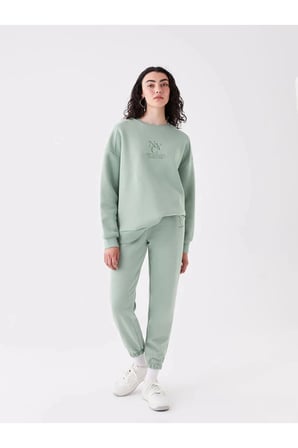 Bisiklet Yaka Nakışlı Uzun Kollu Oversize Kadın Sweatshirt