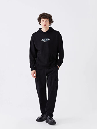 XSIDE Siyah Uzun Kollu Baskılı Erkek Kalın Hoodie