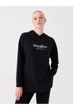 LCWAIKIKI Basic Siyah Baskılı Uzun Kollu Oversize Kadın Hoodie