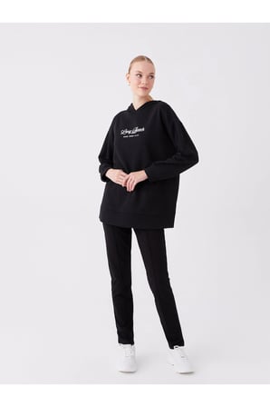 LCWAIKIKI Basic Siyah Baskılı Uzun Kollu Oversize Kadın Hoodie