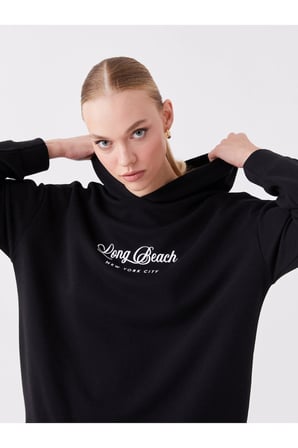 LCWAIKIKI Basic Siyah Baskılı Uzun Kollu Oversize Kadın Hoodie