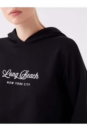 LCWAIKIKI Basic Siyah Baskılı Uzun Kollu Oversize Kadın Hoodie