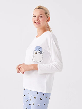 LCW Young Mavi Bisiklet Yaka Baskılı Uzun Kollu Kadın Pijama Takımı