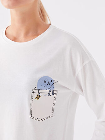 LCW Young Mavi Bisiklet Yaka Baskılı Uzun Kollu Kadın Pijama Takımı