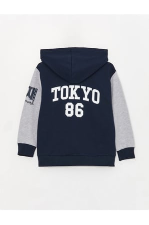 LCW Kids Lacivert Kapüşonlu Baskılı Uzun Kollu Erkek Çocuk Fermuarlı Sweatshirt