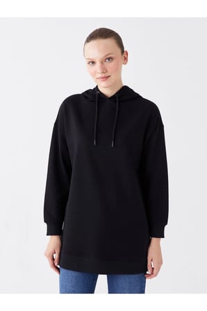 Kapüşonlu Düz Uzun Kollu Kadın Sweatshirt Tunik
