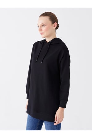 Kapüşonlu Düz Uzun Kollu Kadın Sweatshirt Tunik