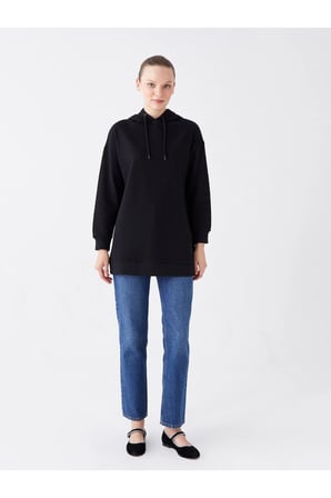 Kapüşonlu Düz Uzun Kollu Kadın Sweatshirt Tunik