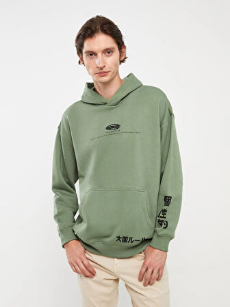 LCW Casual YEŞİL Uzun Kollu Baskılı Erkek Kalın Hoodie
