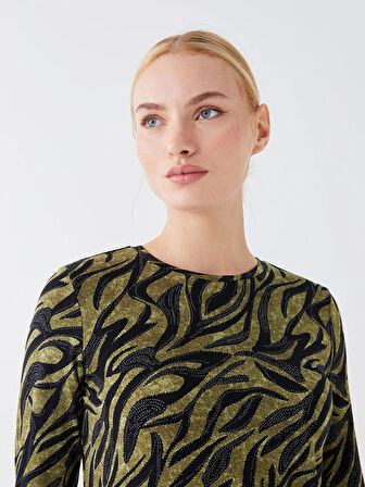 LCWAIKIKI Basic Haki Bisiklet Yaka Desenli Uzun Kollu Kadın Bluz