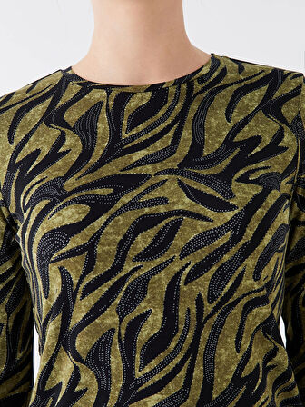 LCWAIKIKI Basic Haki Bisiklet Yaka Desenli Uzun Kollu Kadın Bluz