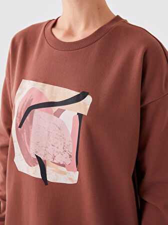 LCWAIKIKI Basic KAHVERENGİ Bisiklet Yaka Baskılı Uzun Kollu Oversize Kadın Sweatshirt Tunik