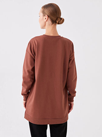 LCWAIKIKI Basic KAHVERENGİ Bisiklet Yaka Baskılı Uzun Kollu Oversize Kadın Sweatshirt Tunik