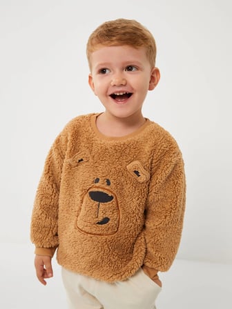 LCW baby Bej Bisiklet Yaka Uzun Kollu Nakış Detaylı Pelüş Erkek Bebek Sweatshirt