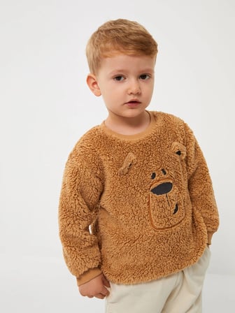 LCW baby Bej Bisiklet Yaka Uzun Kollu Nakış Detaylı Pelüş Erkek Bebek Sweatshirt