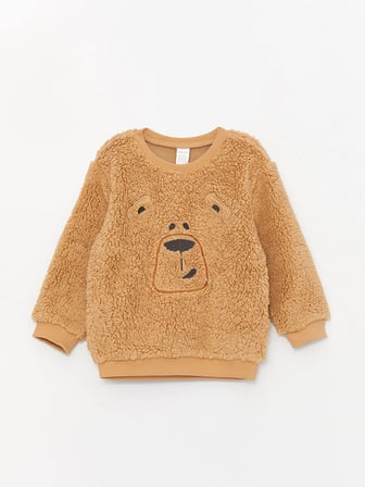 LCW baby Bej Bisiklet Yaka Uzun Kollu Nakış Detaylı Pelüş Erkek Bebek Sweatshirt