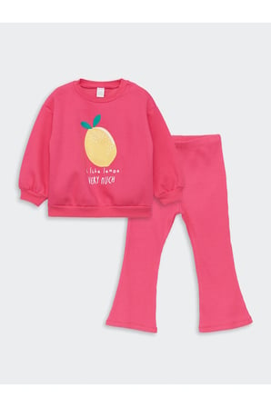 Bisiklet Yaka Uzun Kollu Baskılı Kız Bebek Sweatshirt ve Eşofman Alt 2'li Takım