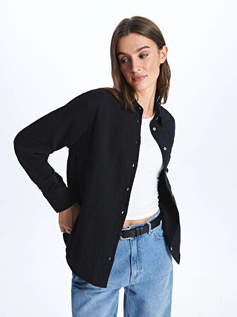 LCW Vision Siyah Düz Uzun Kollu Müslin Kadın Gömlek
