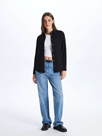 LCW Vision Siyah Düz Uzun Kollu Müslin Kadın Gömlek