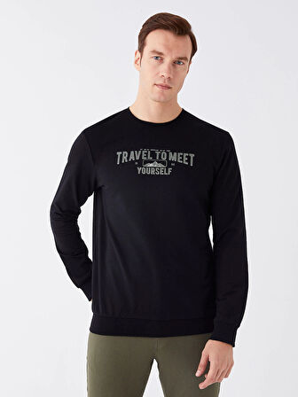 LCWAIKIKI Classic SİYAH Bisiklet Yaka Uzun Kollu Baskılı Erkek Sweatshirt