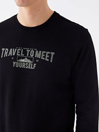 LCWAIKIKI Classic SİYAH Bisiklet Yaka Uzun Kollu Baskılı Erkek Sweatshirt