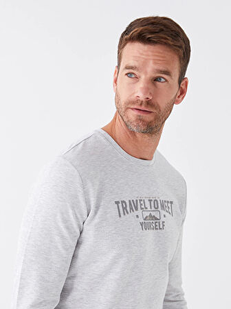 LCWAIKIKI Classic BEJ Bisiklet Yaka Uzun Kollu Baskılı Erkek Sweatshirt